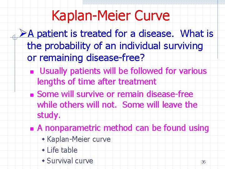 Kaplan-Meier Curve ØA patient is treated for a disease. What is the probability of