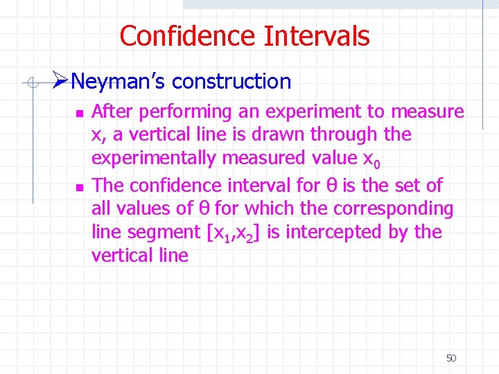 Confidence Intervals ØNeyman’s construction n n After performing an experiment to measure x, a
