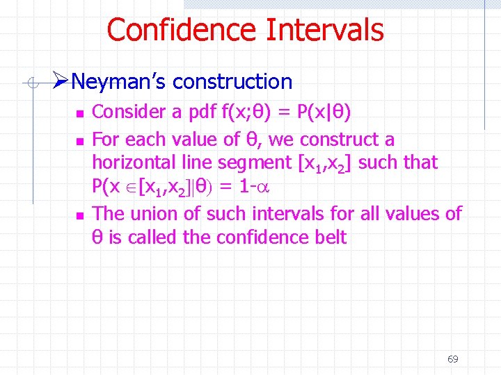 Confidence Intervals ØNeyman’s construction n Consider a pdf f(x; θ) = P(x|θ) For each