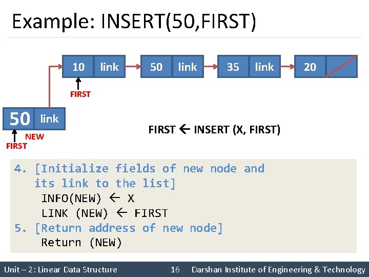 Example: INSERT(50, FIRST) 10 link 50 link 35 link 20 FIRST 50 link NEW
