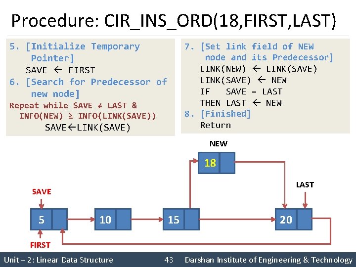 Procedure: CIR_INS_ORD(18, FIRST, LAST) 7. [Set link field of NEW node and its Predecessor]