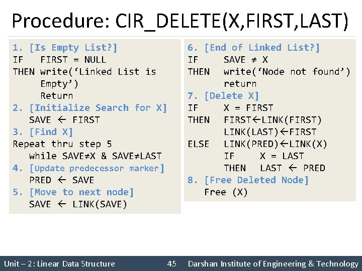 Procedure: CIR_DELETE(X, FIRST, LAST) 1. [Is Empty List? ] IF FIRST = NULL THEN
