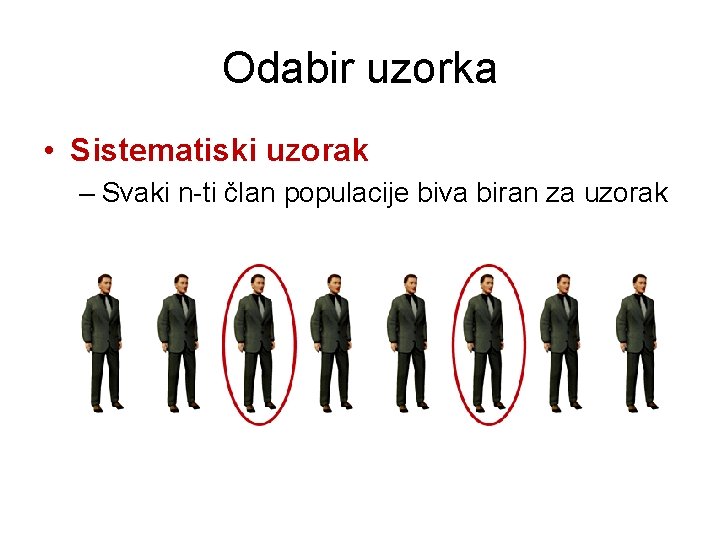 Odabir uzorka • Sistematiski uzorak – Svaki n-ti član populacije biva biran za uzorak Odabir uzorka • Sistematiski uzorak – Svaki n-ti član populacije biva biran za uzorak