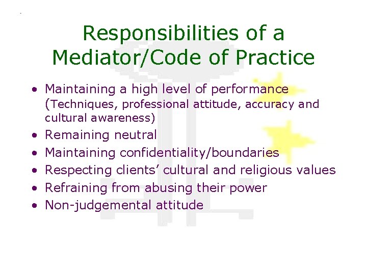 Responsibilities of a Mediator/Code of Practice • Maintaining a high level of performance (Techniques,