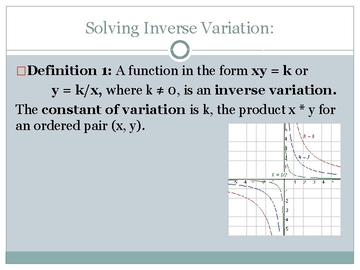 Solving Inverse Variation: �Definition 1: A function in the form xy = k or