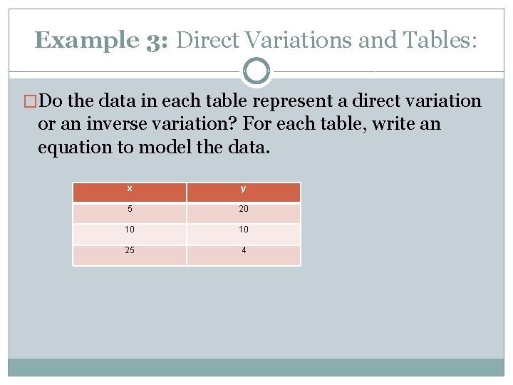 Example 3: Direct Variations and Tables: �Do the data in each table represent a