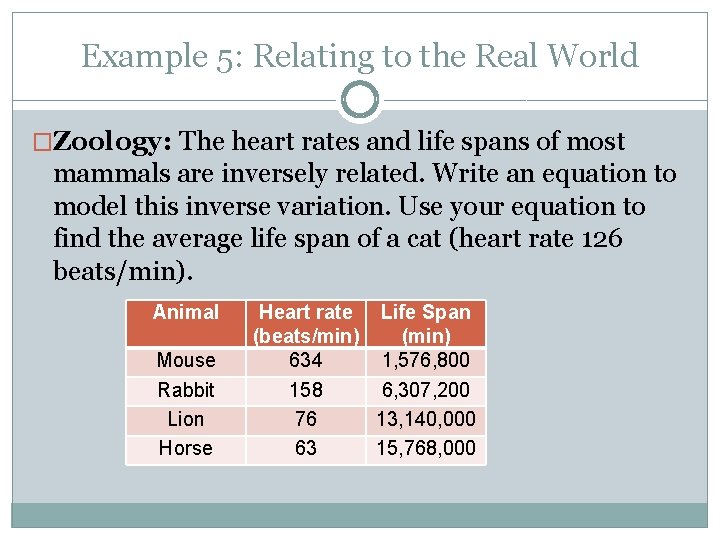 Example 5: Relating to the Real World �Zoology: The heart rates and life spans