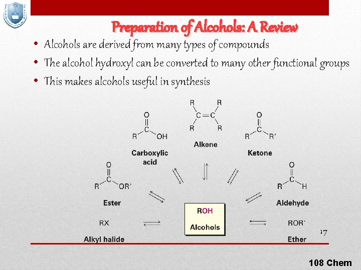 Preparation of Alcohols: A Review • Alcohols are derived from many types of compounds