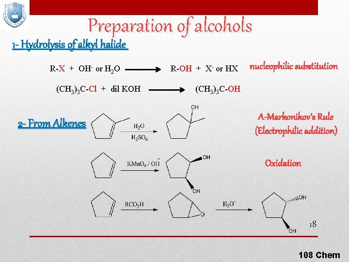 Preparation of alcohols 1 - Hydrolysis of alkyl halide R-X + OH- or H