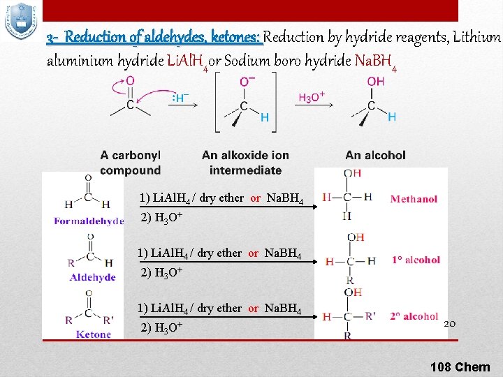 3 - Reduction of aldehydes, ketones: Reduction by hydride reagents, Lithium aluminium hydride Li.