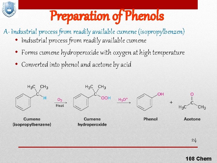 Preparation of Phenols A- Industrial process from readily available cumene (isopropylbenzen) • Industrial process