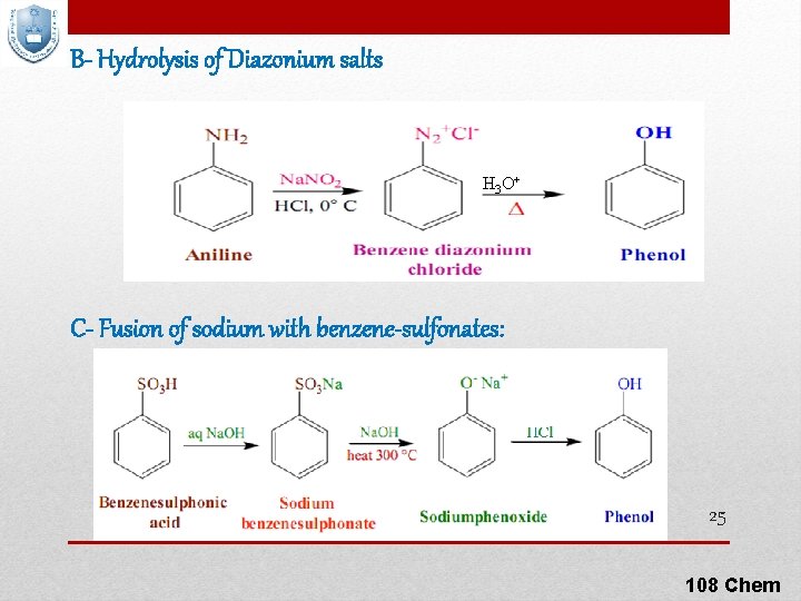 B- Hydrolysis of Diazonium salts H 3 O+ C- Fusion of sodium with benzene-sulfonates: