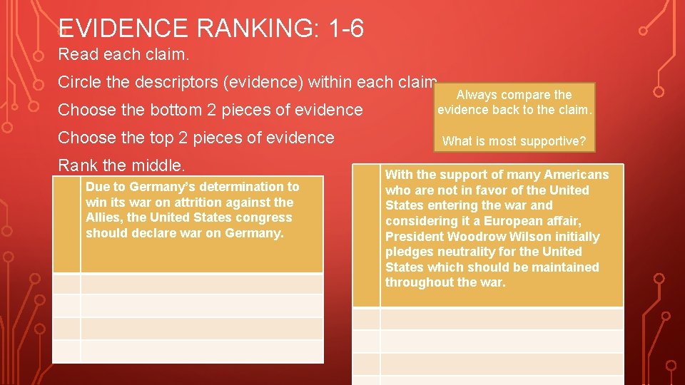 EVIDENCE RANKING: 1 -6 Read each claim. Circle the descriptors (evidence) within each claim.