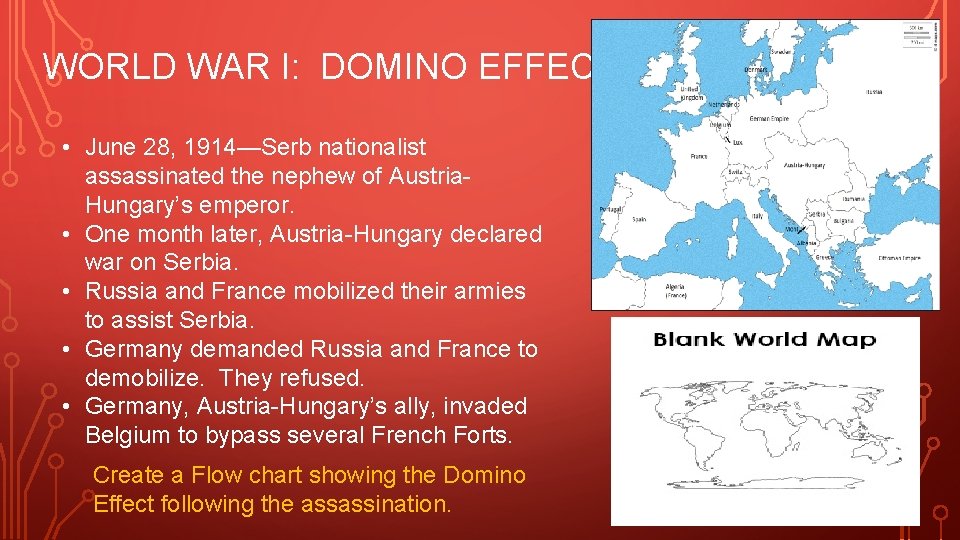 WORLD WAR I: DOMINO EFFECT • June 28, 1914—Serb nationalist assassinated the nephew of