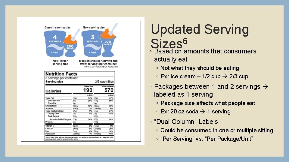 Updated Serving 6 Sizes ◦ Based on amounts that consumers actually eat ◦ Not