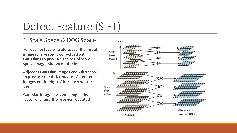 Detect Feature (SIFT) 1. Scale Space & DOG Space For each octave of scale