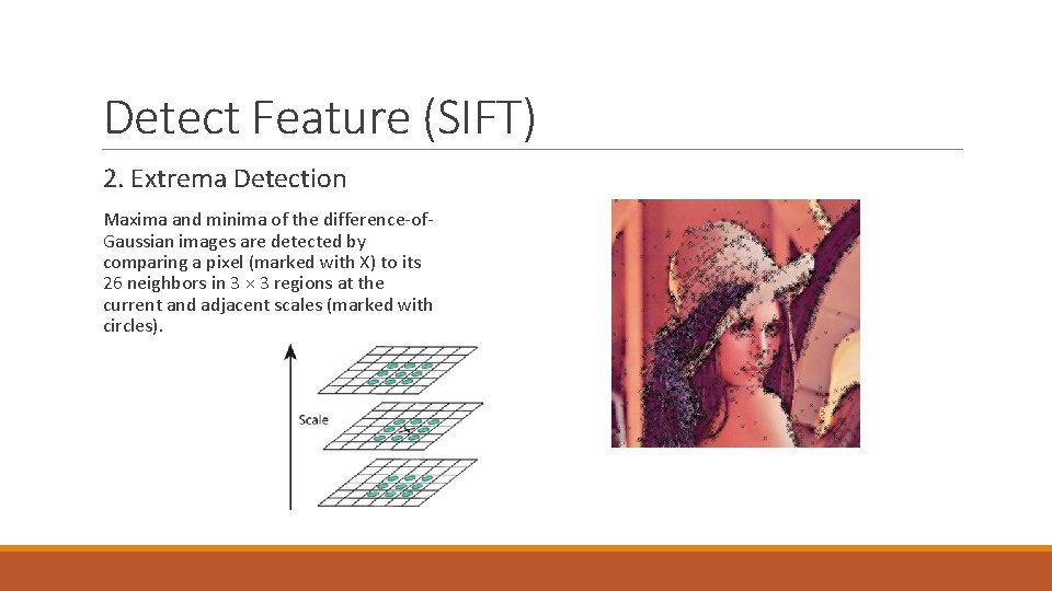 Detect Feature (SIFT) 2. Extrema Detection Maxima and minima of the difference-of. Gaussian images