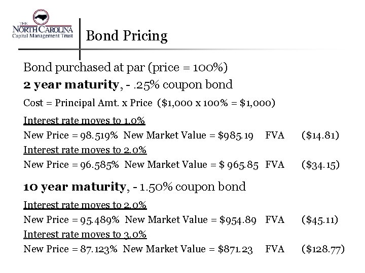 Bond Pricing Bond purchased at par (price = 100%) 2 year maturity, -. 25%