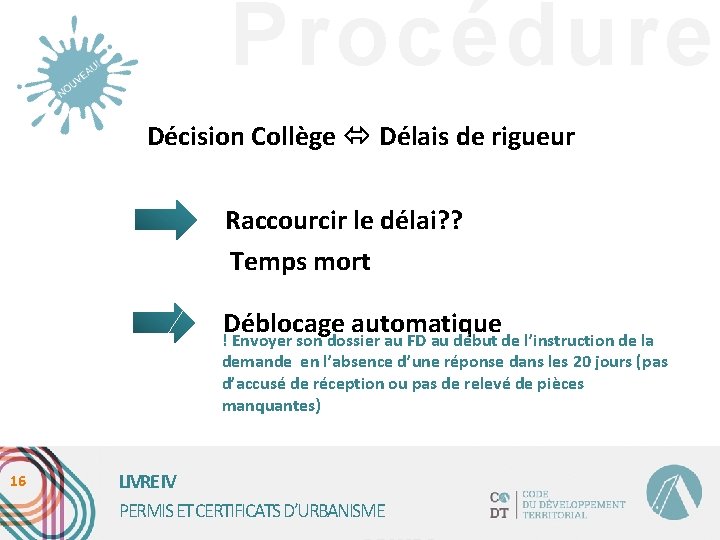 Procédure Décision Collège Délais de rigueur Raccourcir le délai? ? Temps mort Déblocage automatique