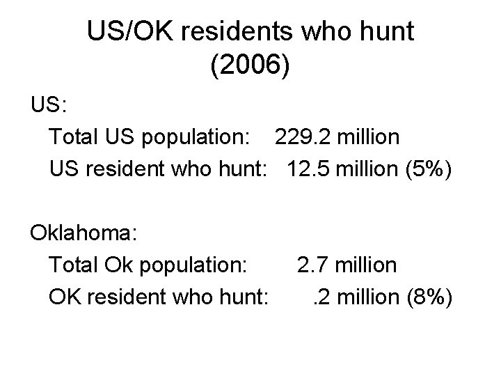 US/OK residents who hunt (2006) US: Total US population: 229. 2 million US resident