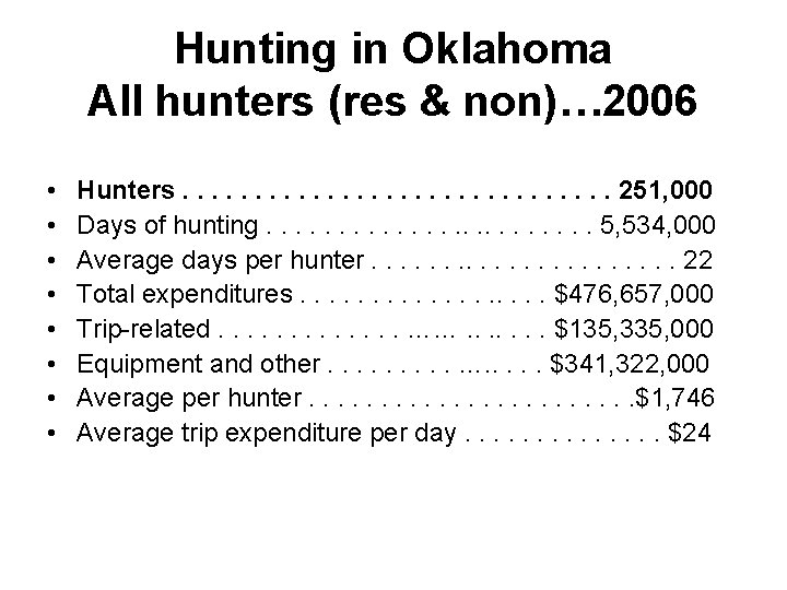 Hunting in Oklahoma All hunters (res & non)… 2006 • • Hunters. . .