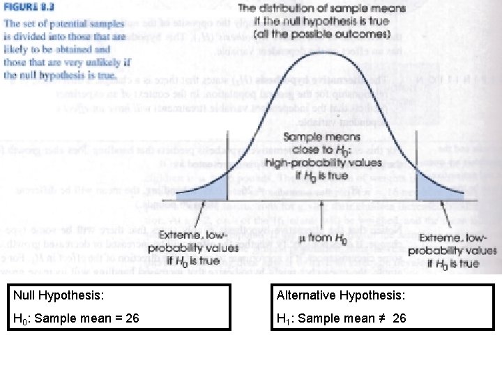 Null Hypothesis: Alternative Hypothesis: H 0: Sample mean = 26 H 1: Sample mean