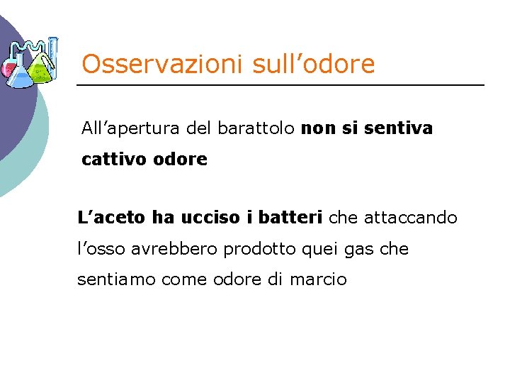Osservazioni sull’odore All’apertura del barattolo non si sentiva cattivo odore L’aceto ha ucciso i