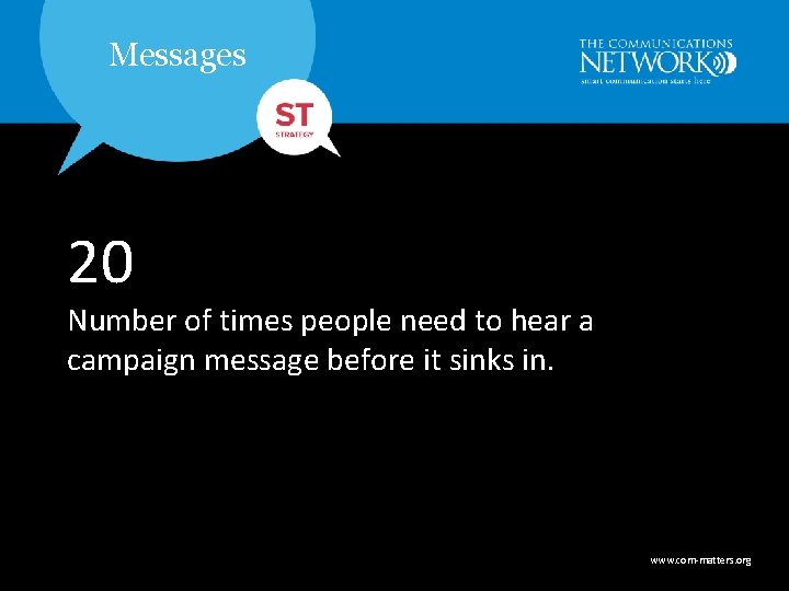 Messages 20 Number of times people need to hear a campaign message before it