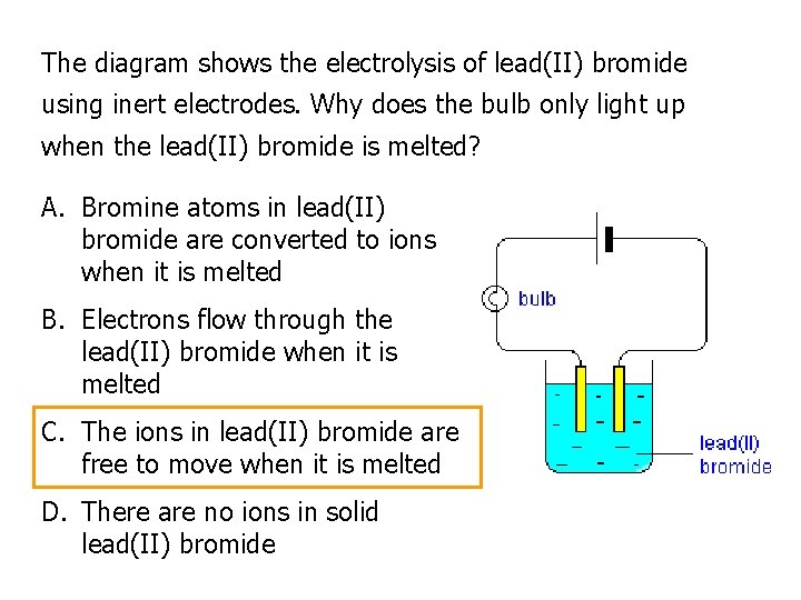 The diagram shows the electrolysis of lead(II) bromide using inert electrodes. Why does the The diagram shows the electrolysis of lead(II) bromide using inert electrodes. Why does the