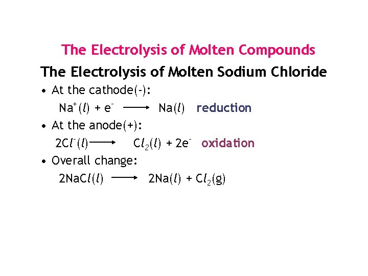 The Electrolysis of Molten Compounds The Electrolysis of Molten Sodium Chloride • At the The Electrolysis of Molten Compounds The Electrolysis of Molten Sodium Chloride • At the