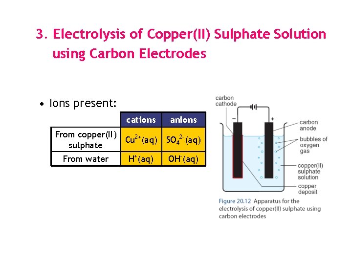 3. Electrolysis of Copper(II) Sulphate Solution using Carbon Electrodes • Ions present: cations From 3. Electrolysis of Copper(II) Sulphate Solution using Carbon Electrodes • Ions present: cations From