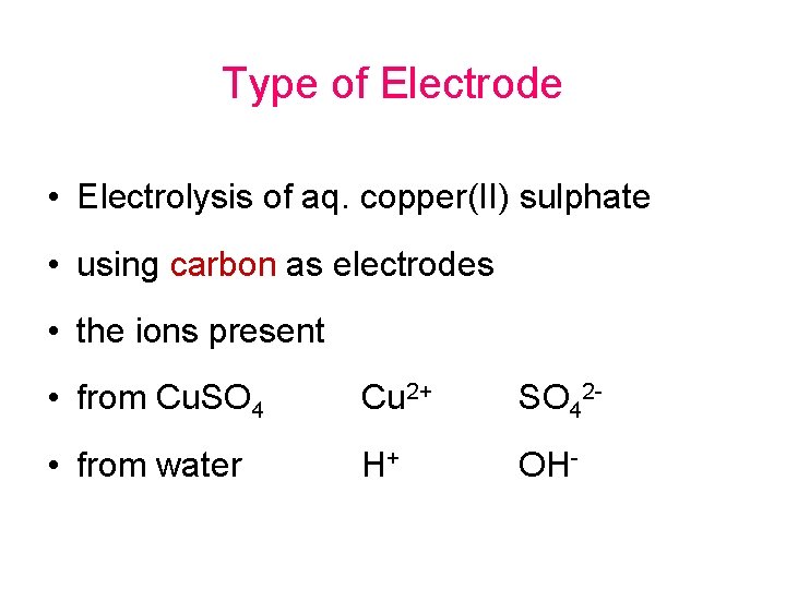 Type of Electrode • Electrolysis of aq. copper(II) sulphate • using carbon as electrodes Type of Electrode • Electrolysis of aq. copper(II) sulphate • using carbon as electrodes