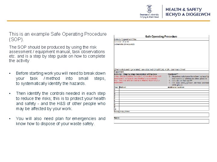 This is an example Safe Operating Procedure (SOP). The SOP should be produced by