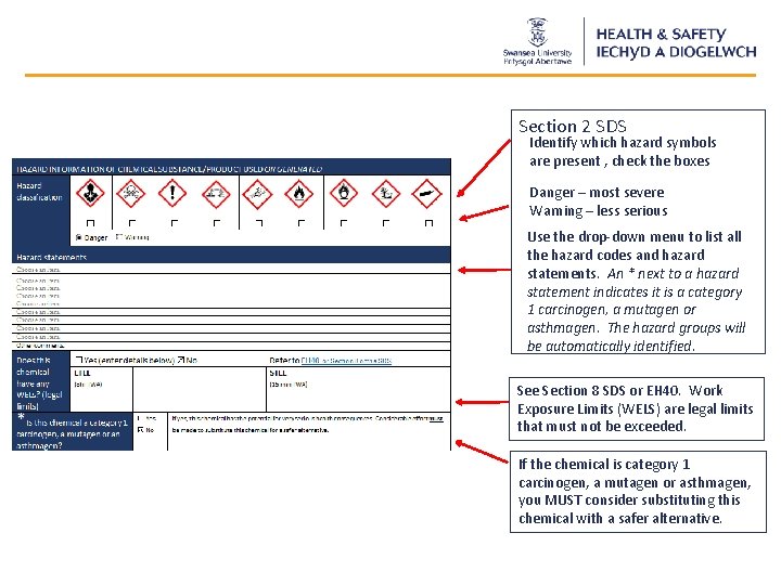 Section 2 SDS Identify which hazard symbols are present , check the boxes Danger