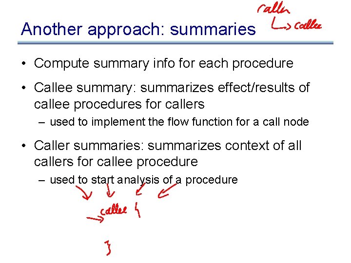 Another approach: summaries • Compute summary info for each procedure • Callee summary: summarizes