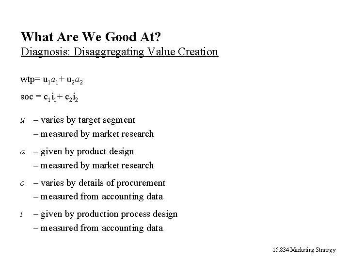 What Are We Good At? Diagnosis: Disaggregating Value Creation wtp= u 1 a 1+ What Are We Good At? Diagnosis: Disaggregating Value Creation wtp= u 1 a 1+