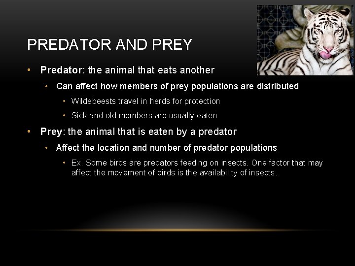 PREDATOR AND PREY • Predator: the animal that eats another • Can affect how
