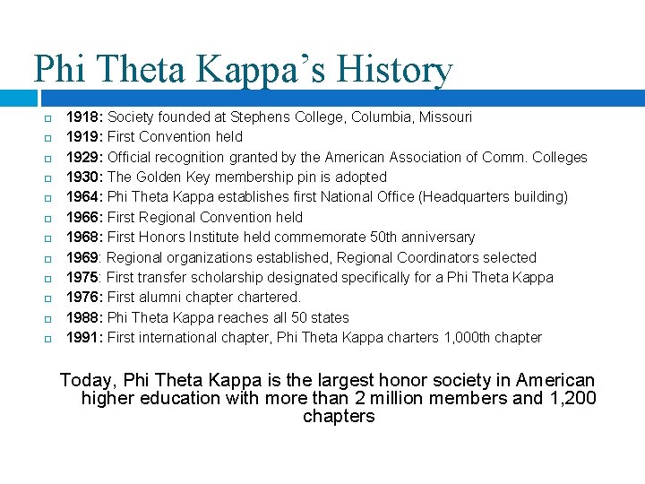 Phi Theta Kappa’s History 1918: Society founded at Stephens College, Columbia, Missouri 1919: First