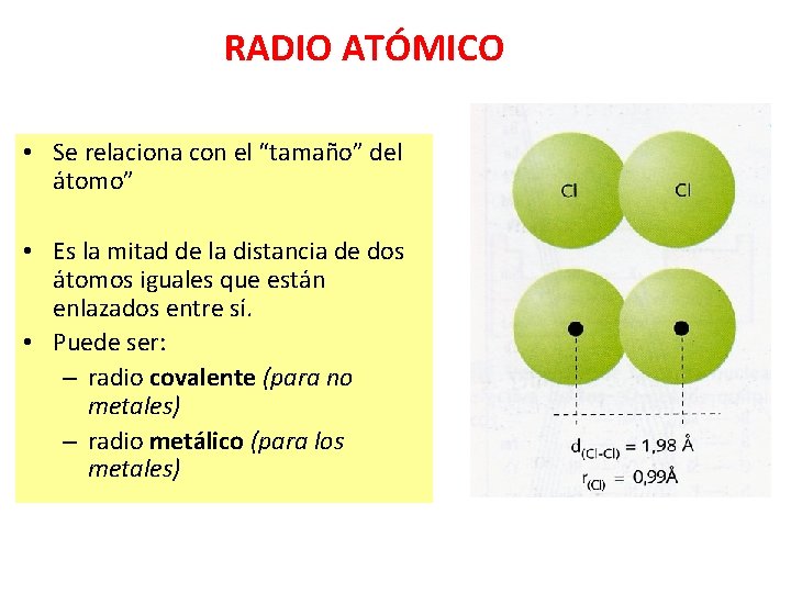 RADIO ATÓMICO • Se relaciona con el “tamaño” del átomo” • Es la mitad RADIO ATÓMICO • Se relaciona con el “tamaño” del átomo” • Es la mitad