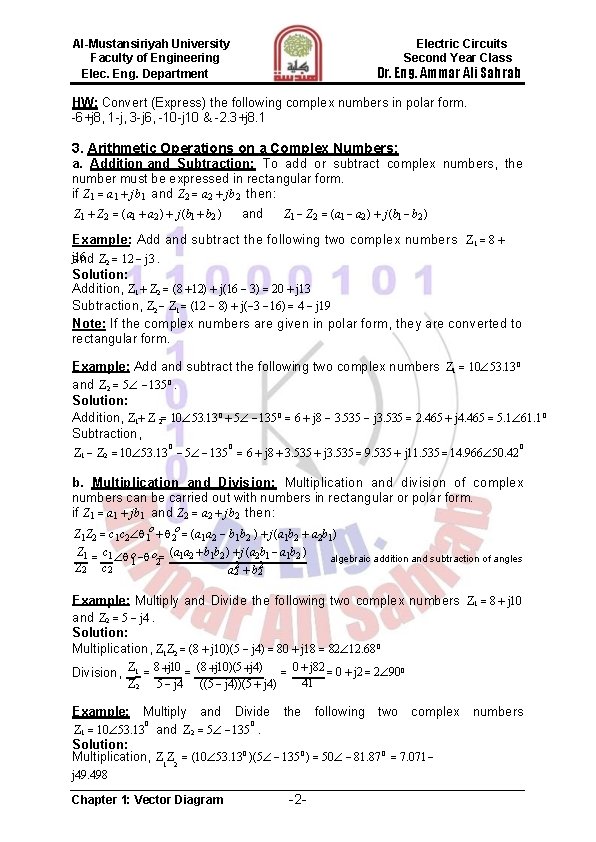 Al-Mustansiriyah University Faculty of Engineering Elec. Eng. Department Electric Circuits Second Year Class Dr.