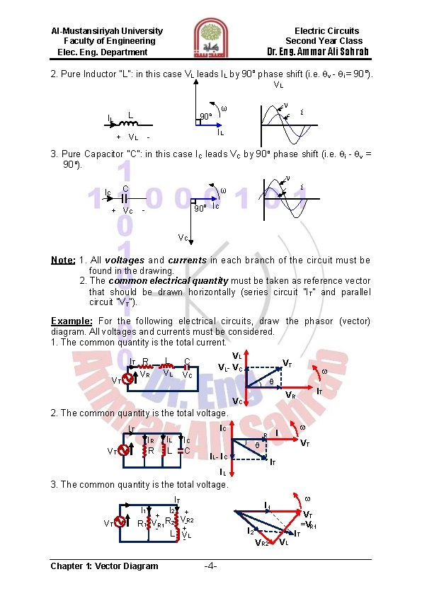 Al-Mustansiriyah University Faculty of Engineering Elec. Eng. Department Electric Circuits Second Year Class Dr.