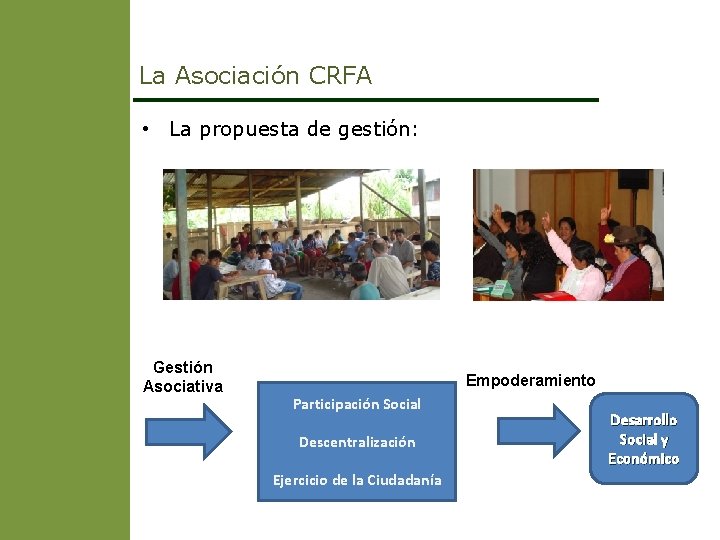 La Asociación CRFA • La propuesta de gestión: Gestión Asociativa Empoderamiento Participación Social Descentralización
