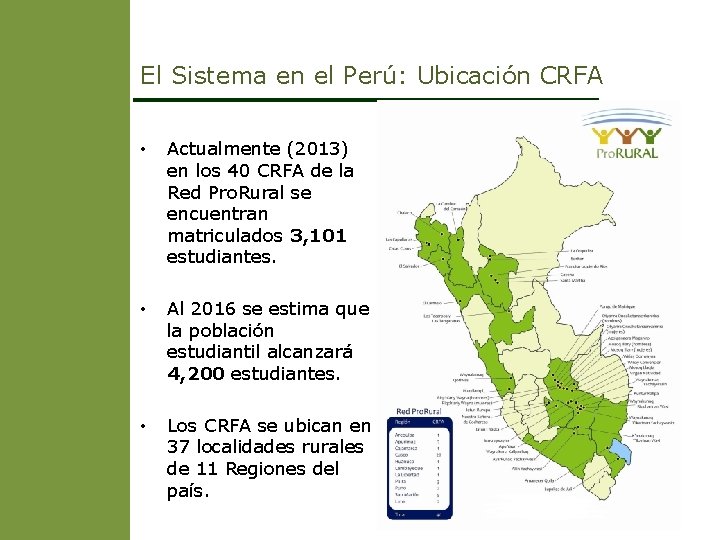 El Sistema en el Perú: Ubicación CRFA • Actualmente (2013) en los 40 CRFA