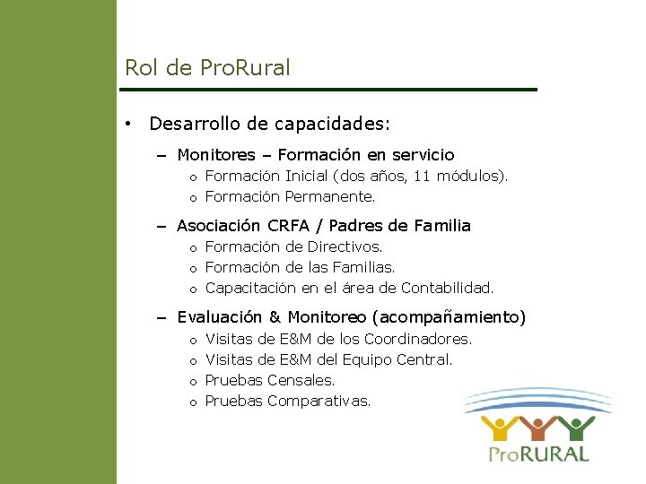 Rol de Pro. Rural • Desarrollo de capacidades: – Monitores – Formación en servicio