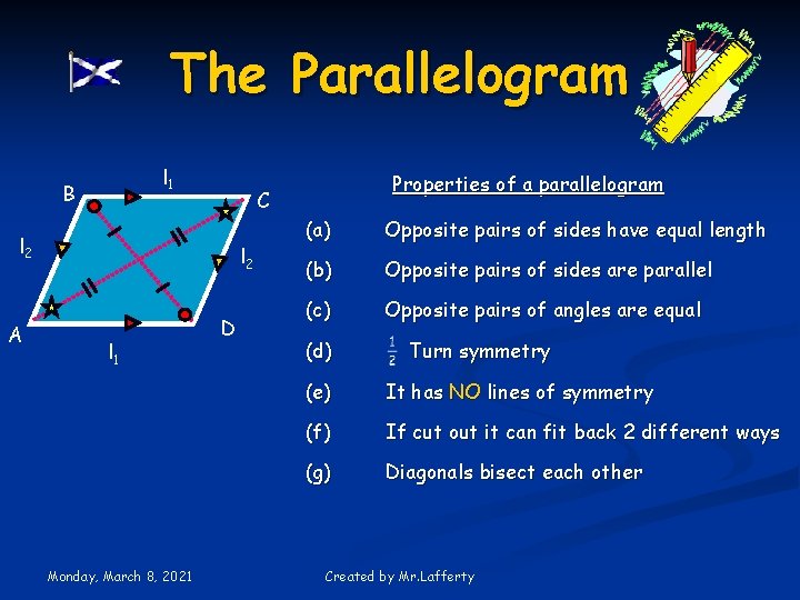 The Parallelogram l 1 B C l 2 A l 2 l 1 Monday,