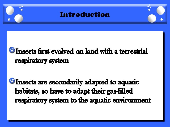 Introduction Insects first evolved on land with a terrestrial respiratory system Insects are secondarily