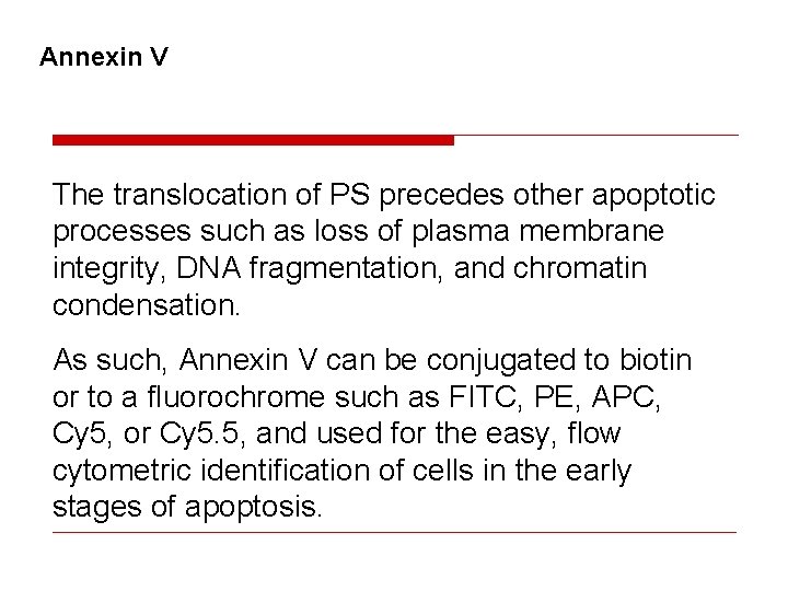 Annexin V The translocation of PS precedes other apoptotic processes such as loss of