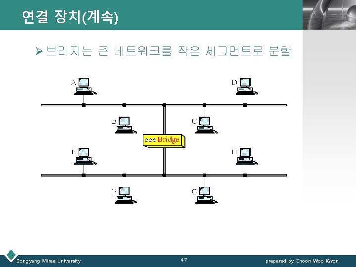 연결 장치(계속) LOGO Ø 브리지는 큰 네트워크를 작은 세그먼트로 분할 Dongyang Mirae University 47