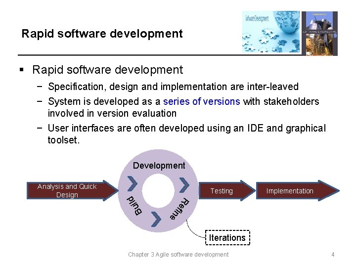 Rapid software development § Rapid software development − Specification, design and implementation are inter-leaved