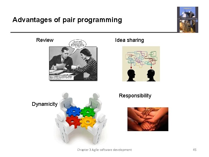 Advantages of pair programming Review Idea sharing Responsibility Dynamicity Chapter 3 Agile software development